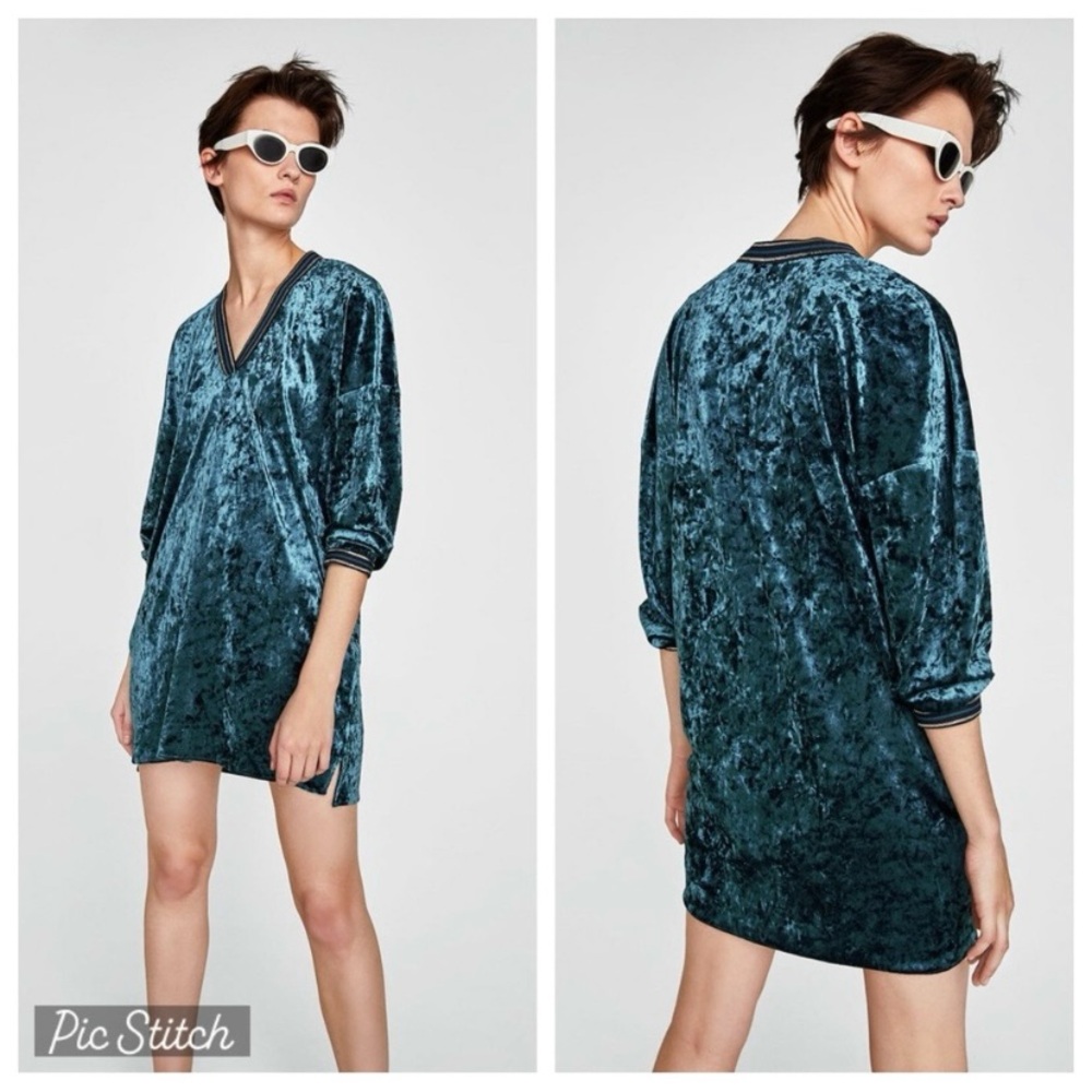Zara Dark Green Velvet Metallic Stripes Mini Dress size M